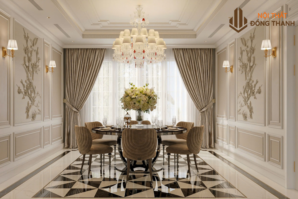 Bàn ăn tròn kết hợp với hệ thống đèn chùm pha lê sáng