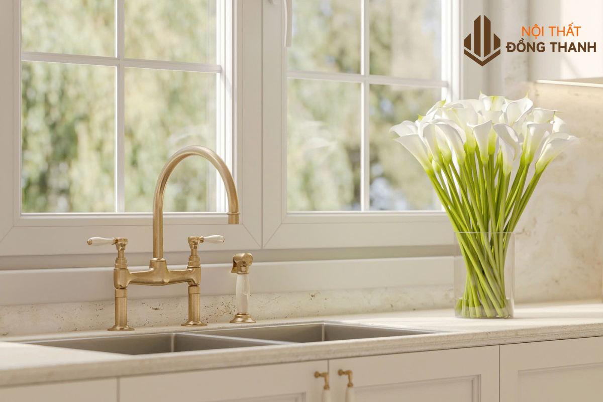 Không gian phòng bếp với tone màu trắng sáng nổi bật