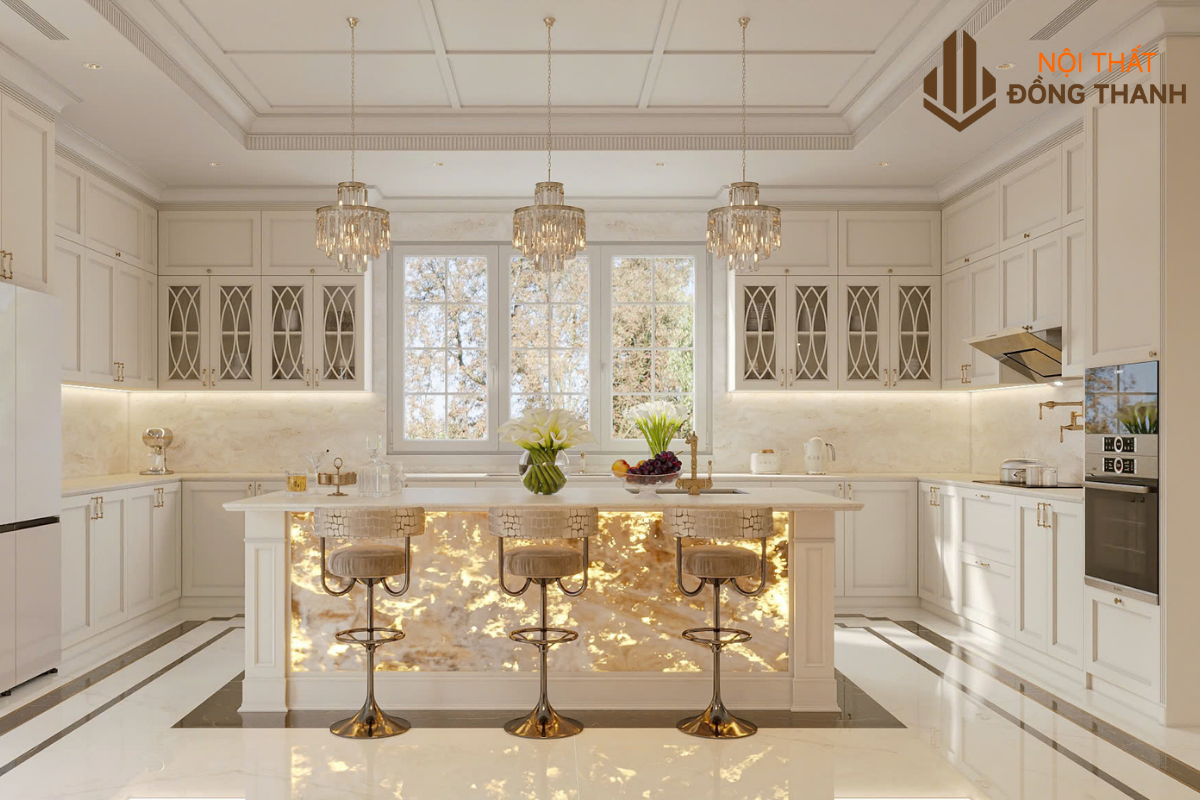 Không gian phòng bếp với tone màu trắng sáng nổi bật