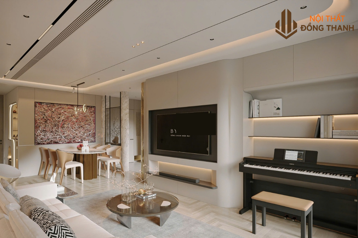 Nội thất gồm vách ti vi, bàn piano kết hợp tủ đồ thông minh giúp tối ưu công năng sử dụng