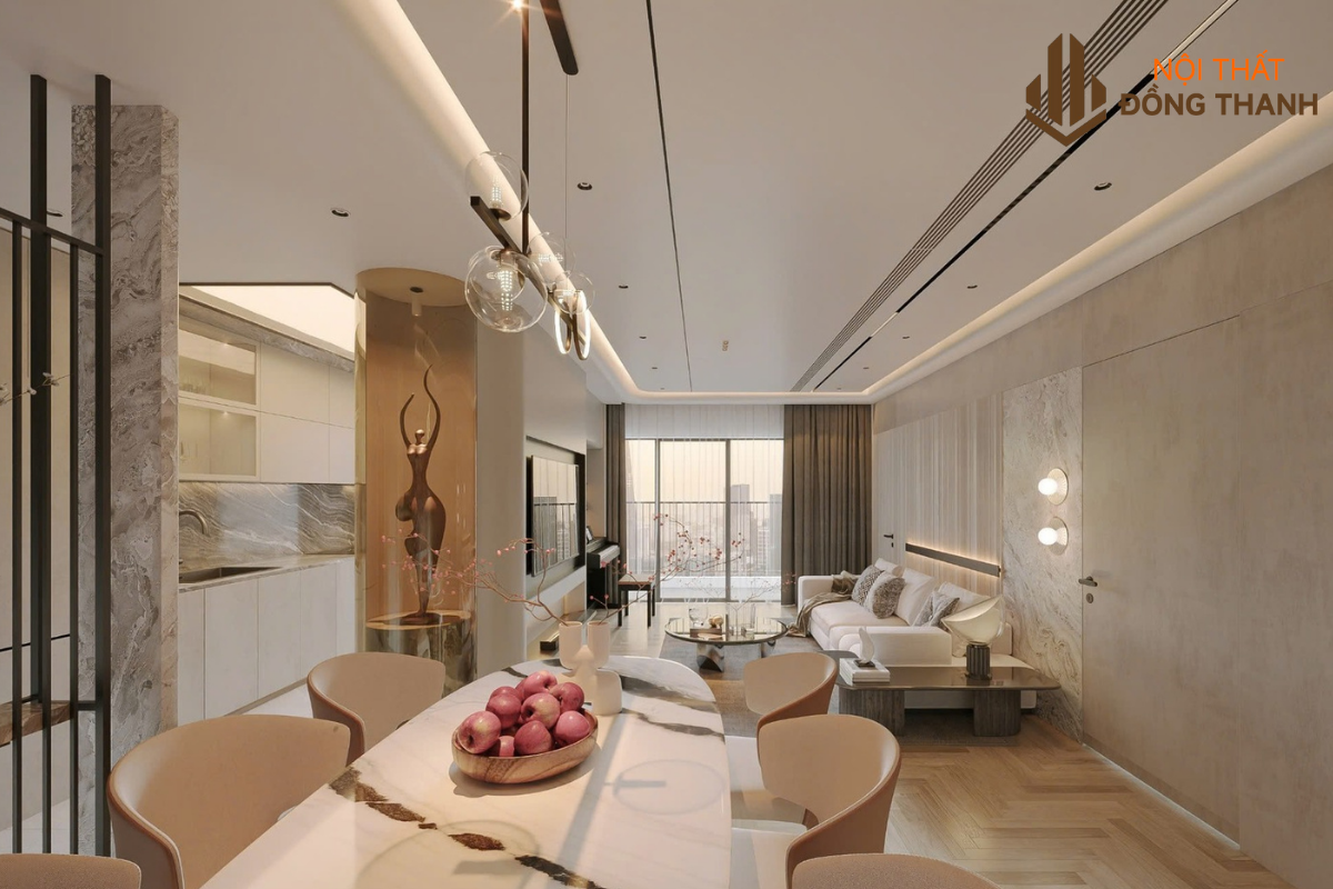 Khu vực bàn ăn thông liền với phòng khách, phù hợp với thiết kế của các khu chung cư