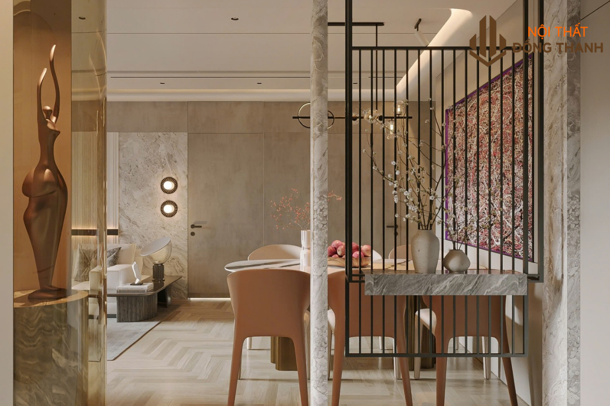 Khu vực bàn ăn thông liền với phòng khách, phù hợp với thiết kế của các khu chung cư