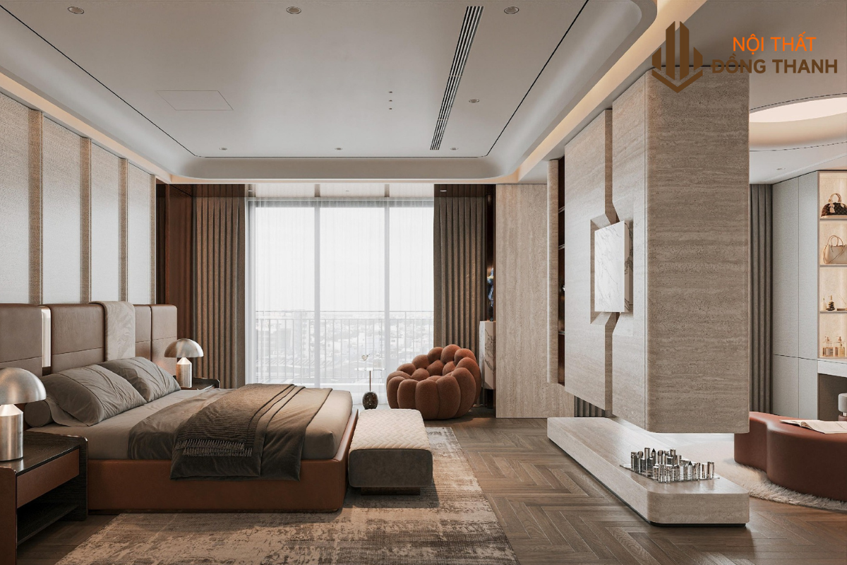 Phòng ngủ được thiết kế với đầy đủ công năng, giường nệm, tủ ti vi,...