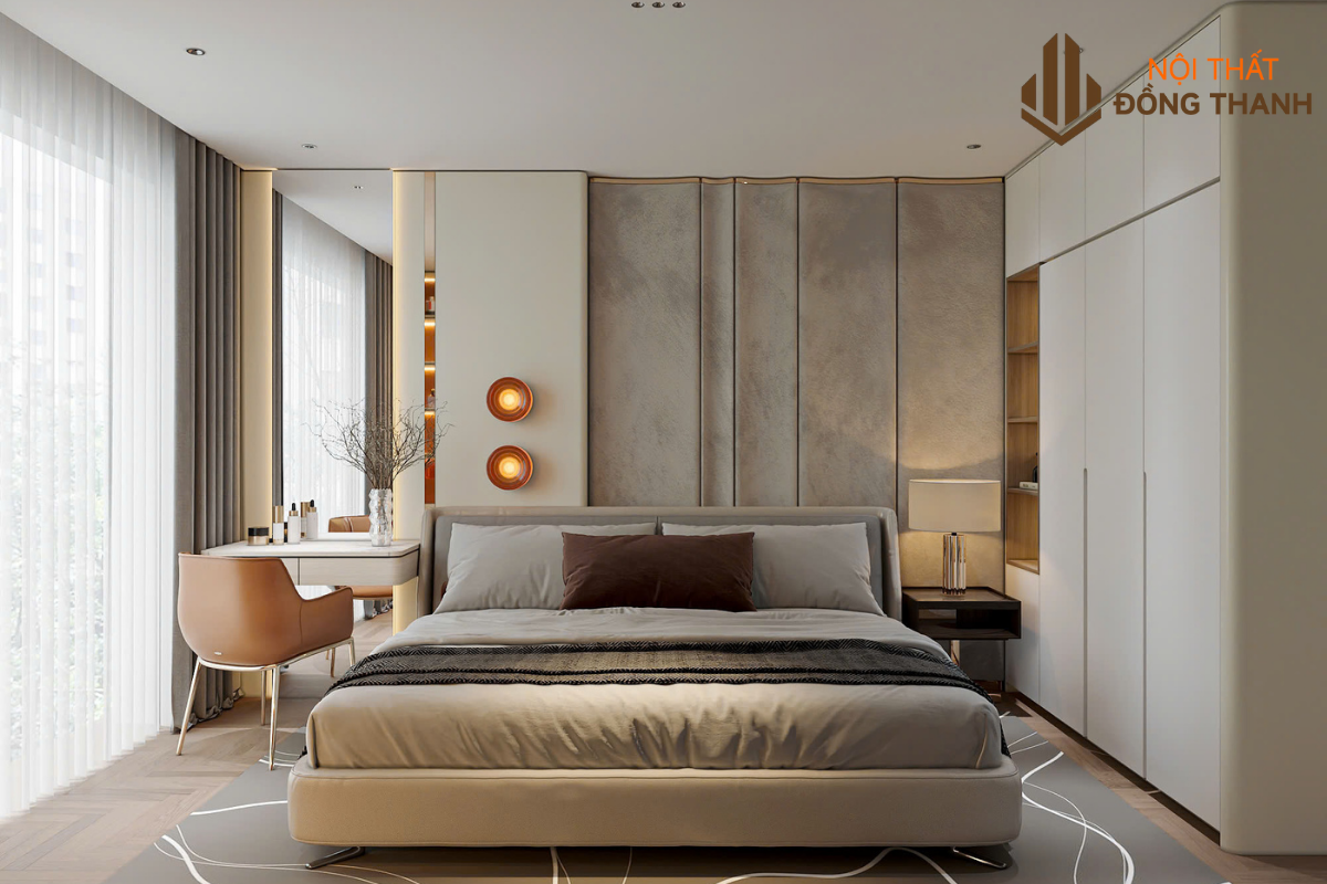 Phòng ngủ Master thiết kế nổi bật với tone xám trắng