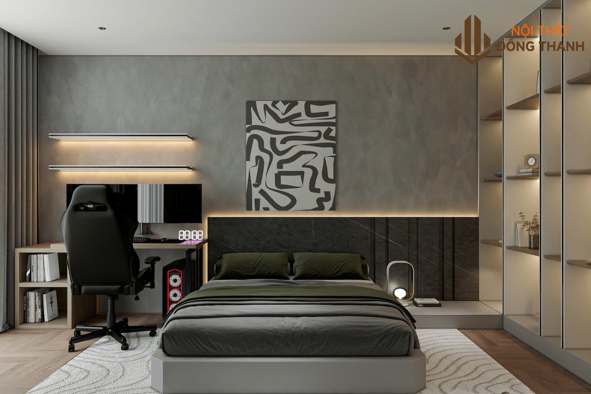 Phòng ngủ cho con trai với bàn học liền kề
