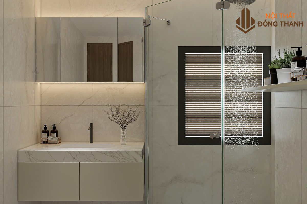 Phòng tắm được làm với thiêt kế đơn giản nhưng đầy đủ công năng