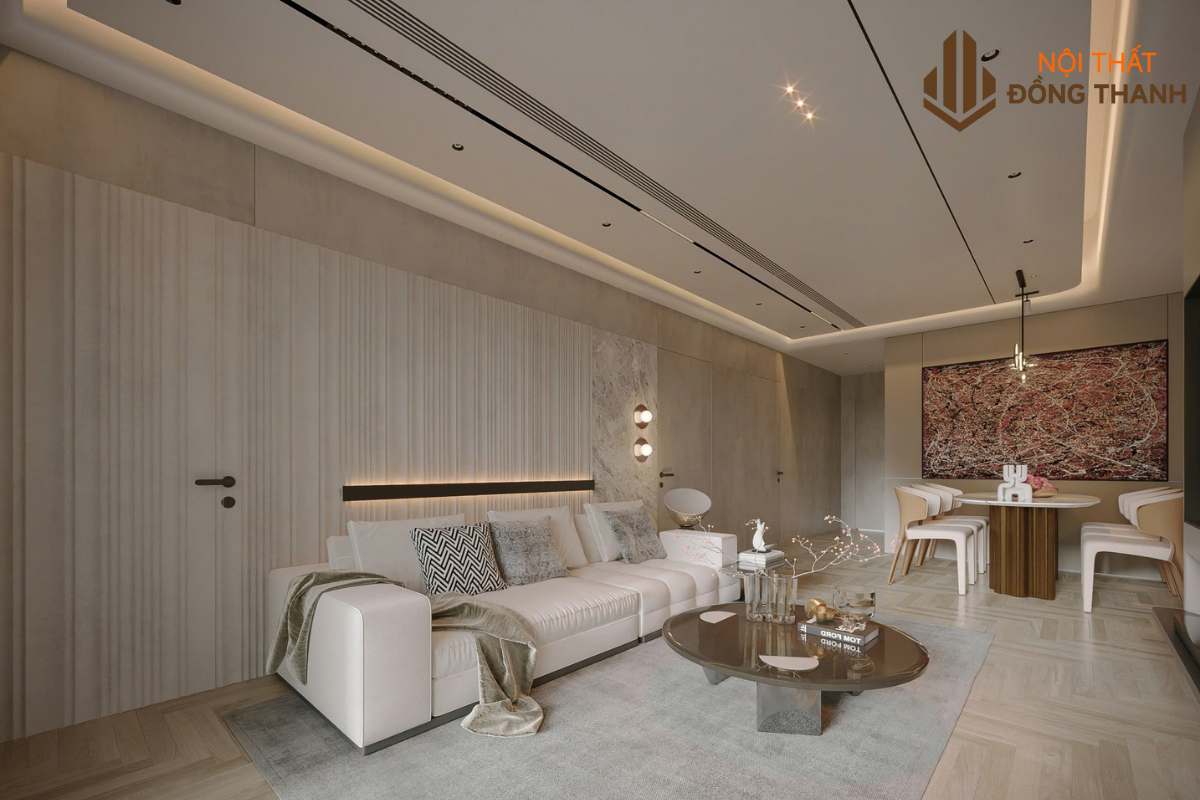 Sàn lát gỗ xương cá tạo điểm nhấn nổi bật cho toàn bộ không gian phòng khách