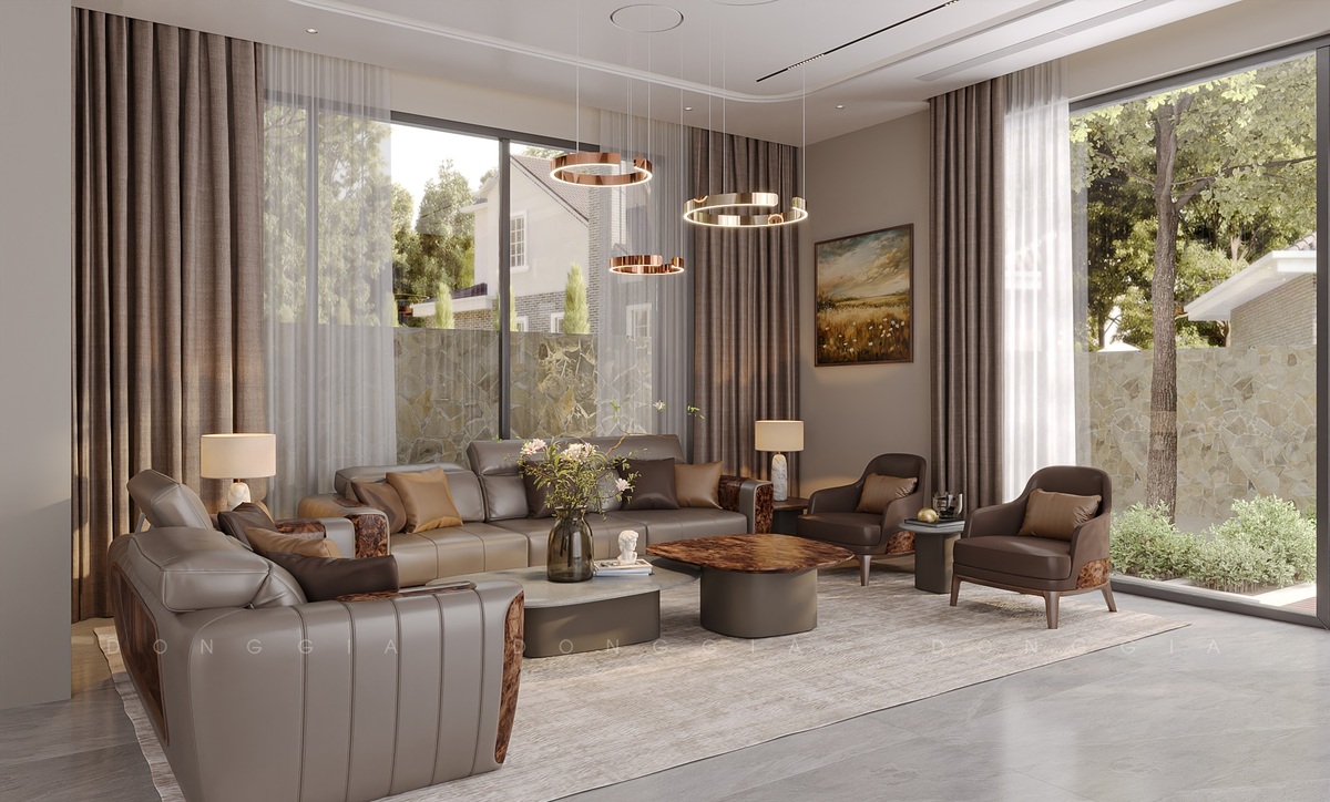 Bàn ghế sofa theo tông màu trầm, vừa ấm áp vừa thể hiện vị thế