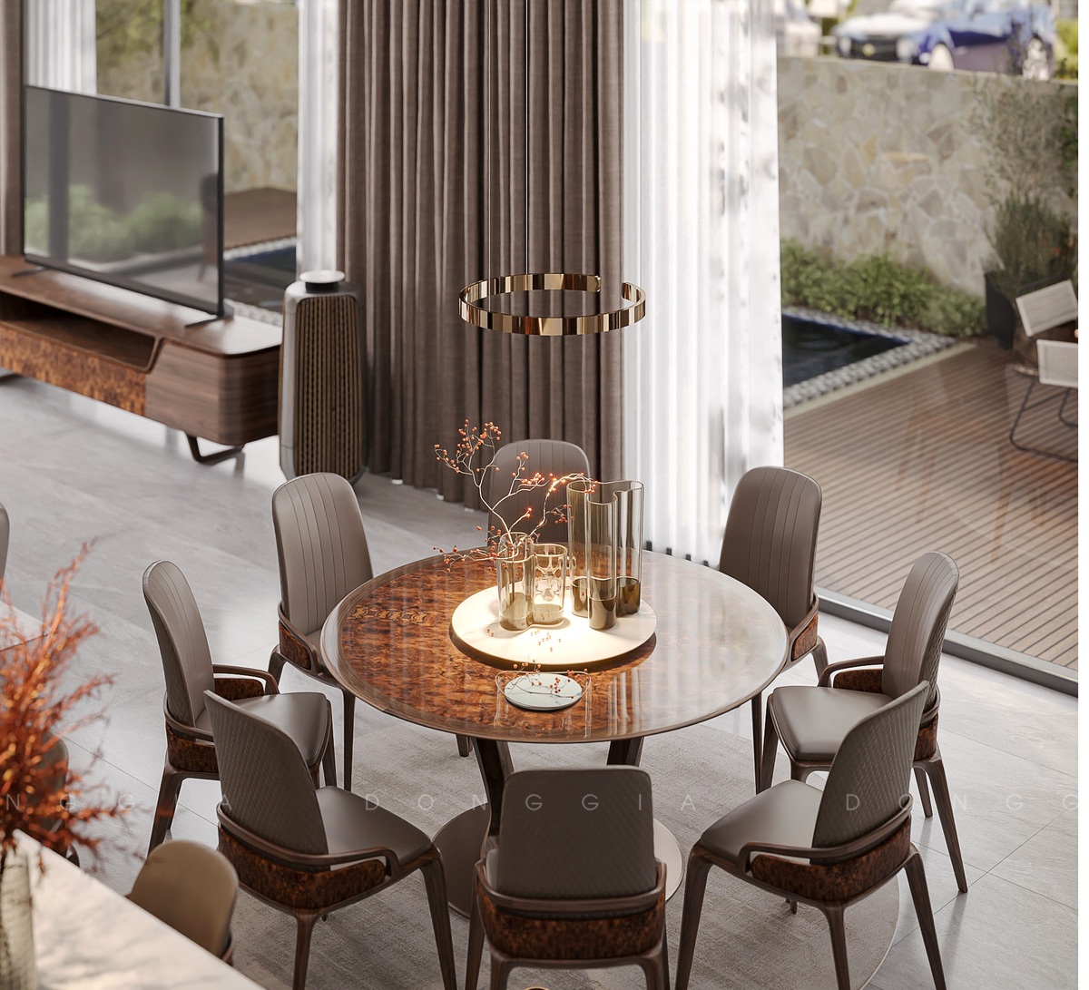 Bàn ghế được sắp đặt khéo léo ngay không gian phòng khách, view nhìn trời tuyệt đẹp