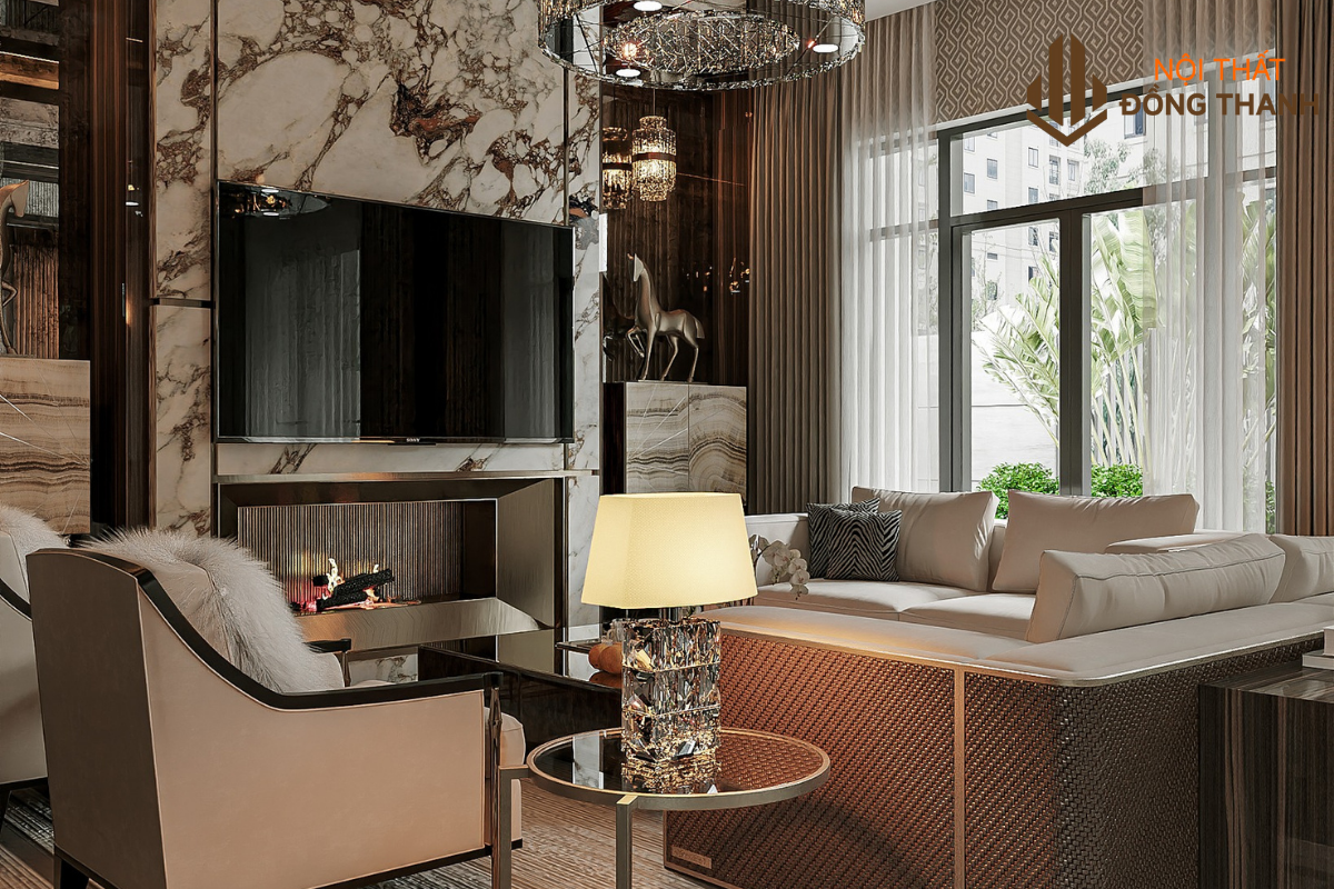 Không gian phòng khách nổi bật với thiết kế sang trọng