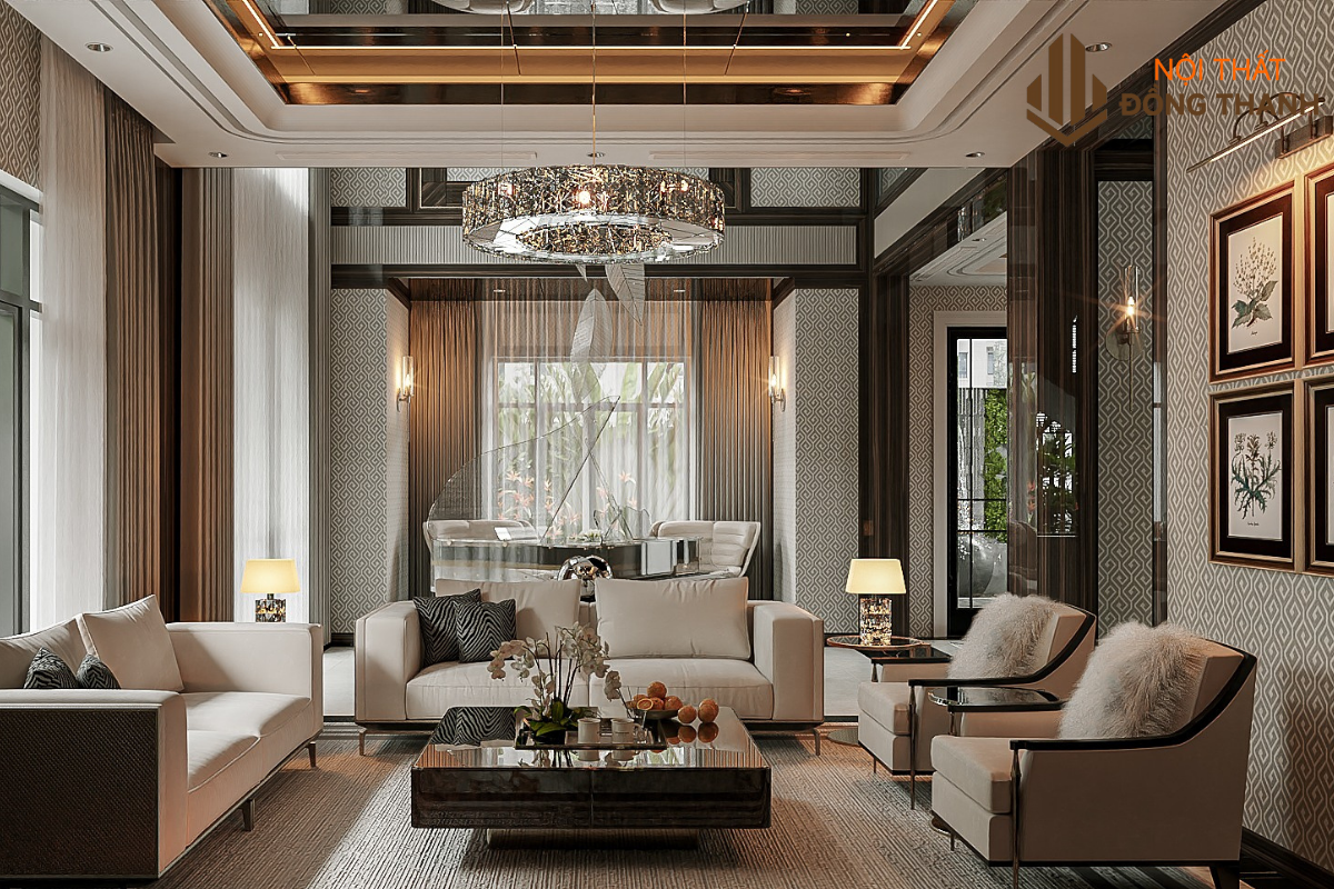 Không gian phòng khách nổi bật với thiết kế sang trọng