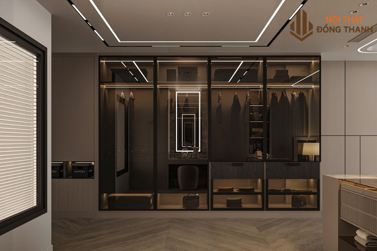 Tủ quần áo kịch tủ và âm tường kính bóng