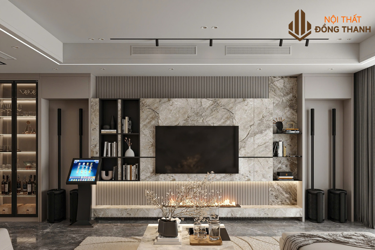 Hệ vách và tủ ti vi âm tường, măt đá trang trí nổi bật