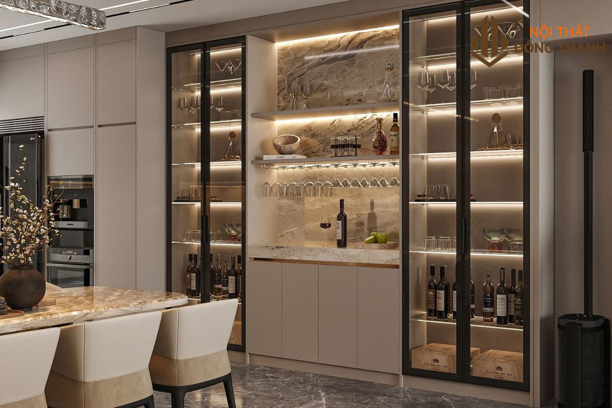 Tủ rượu thiết kế âm tường với đèn led tủ