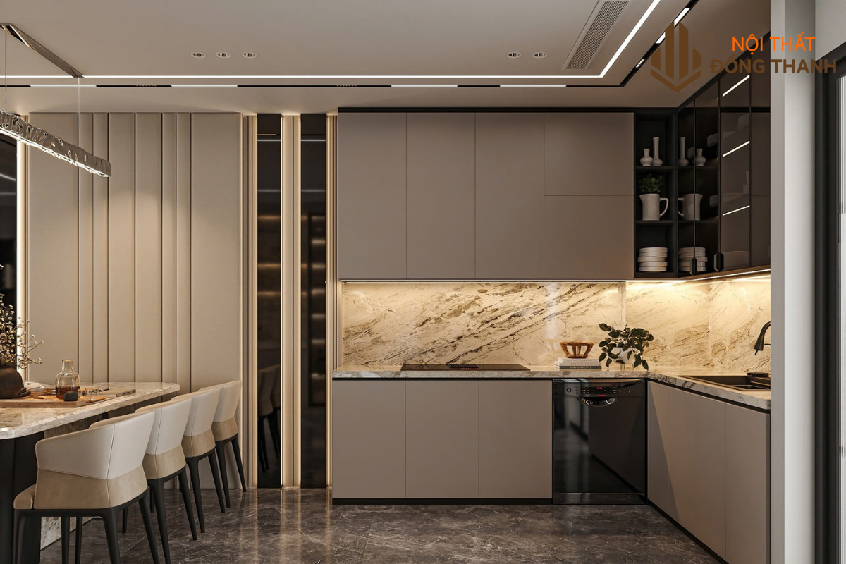 Hệ tủ bếp chữ L kịch trần dễ dàng lau chùi