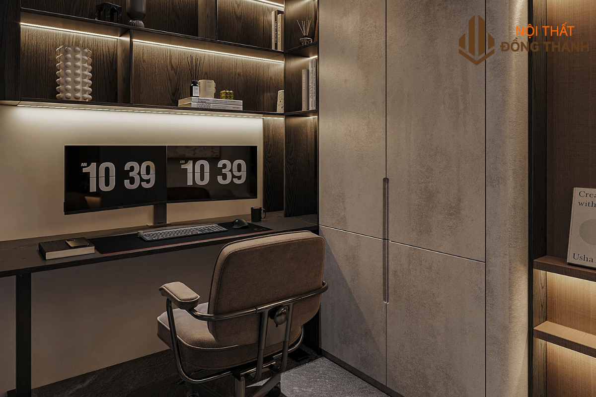 Kết hợp bàn làm việc và kệ tủ sách đơn giản