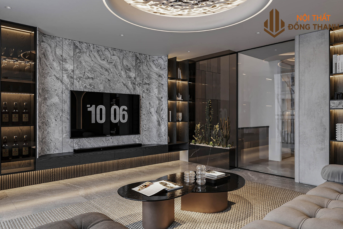 Kệ ti vi và tủ rượu âm tường ấn tượng