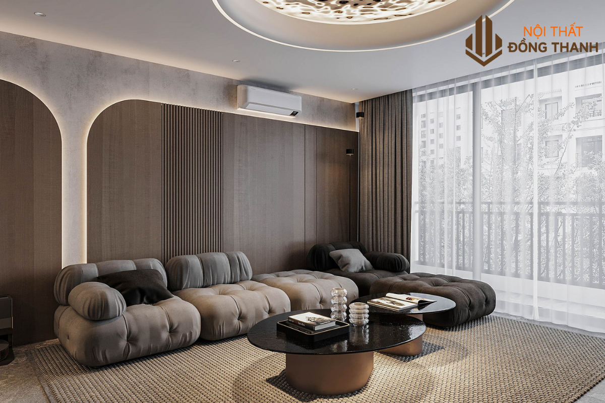 Phòng khách đầy đủ công năng với sofa xám chủ đạo