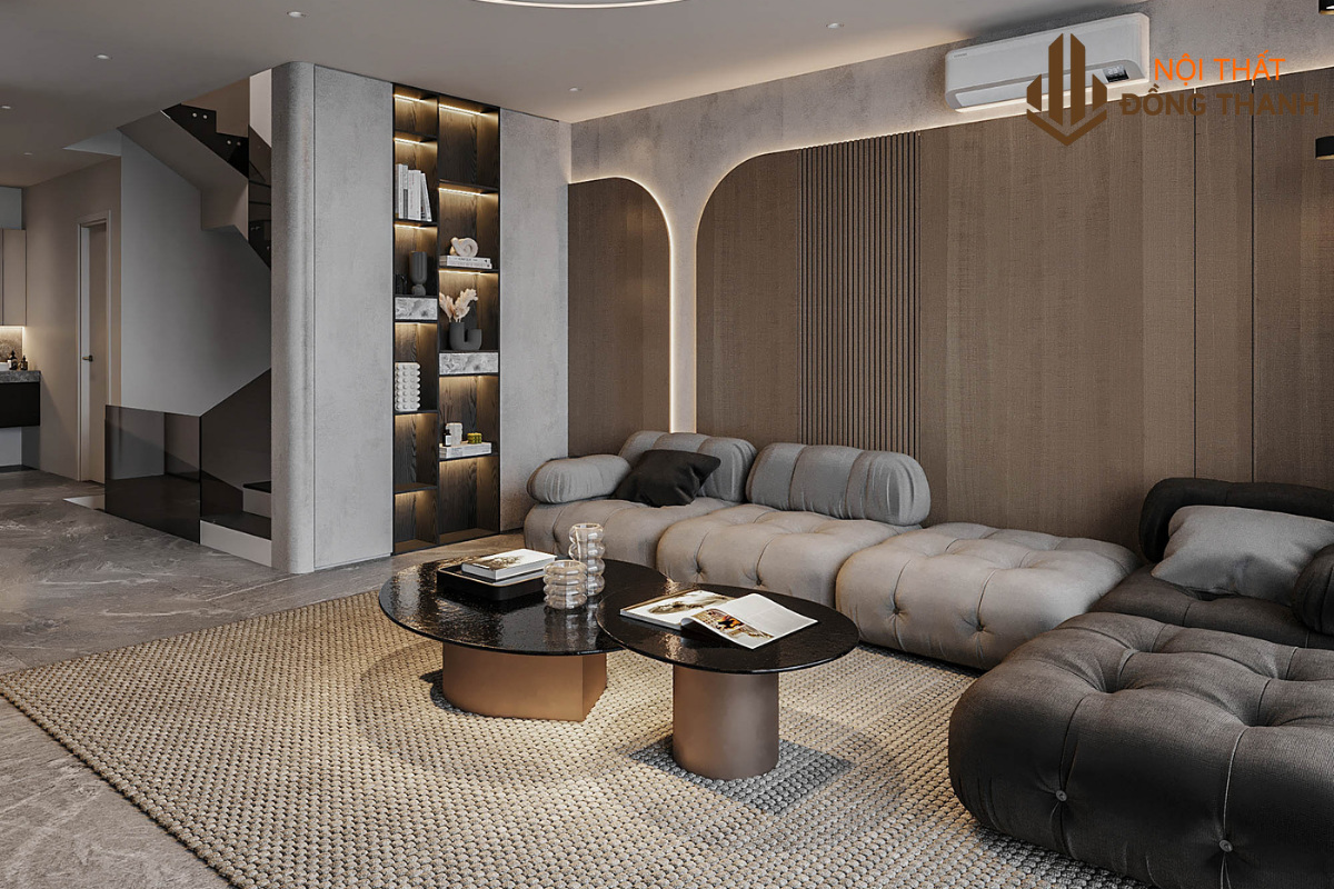 Phòng khách đầy đủ công năng với sofa xám chủ đạo