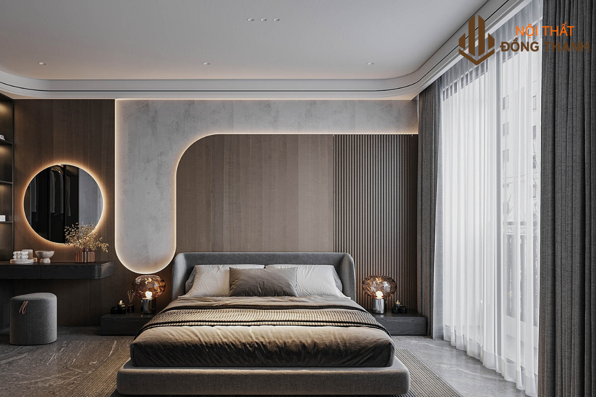 Phòng ngủ với giường lớn, kệ ti vi sang trọng