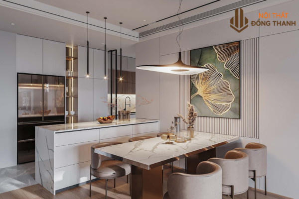 Phòng bếp và phòng ăn thông phòng khách tiết kiệm diện tích