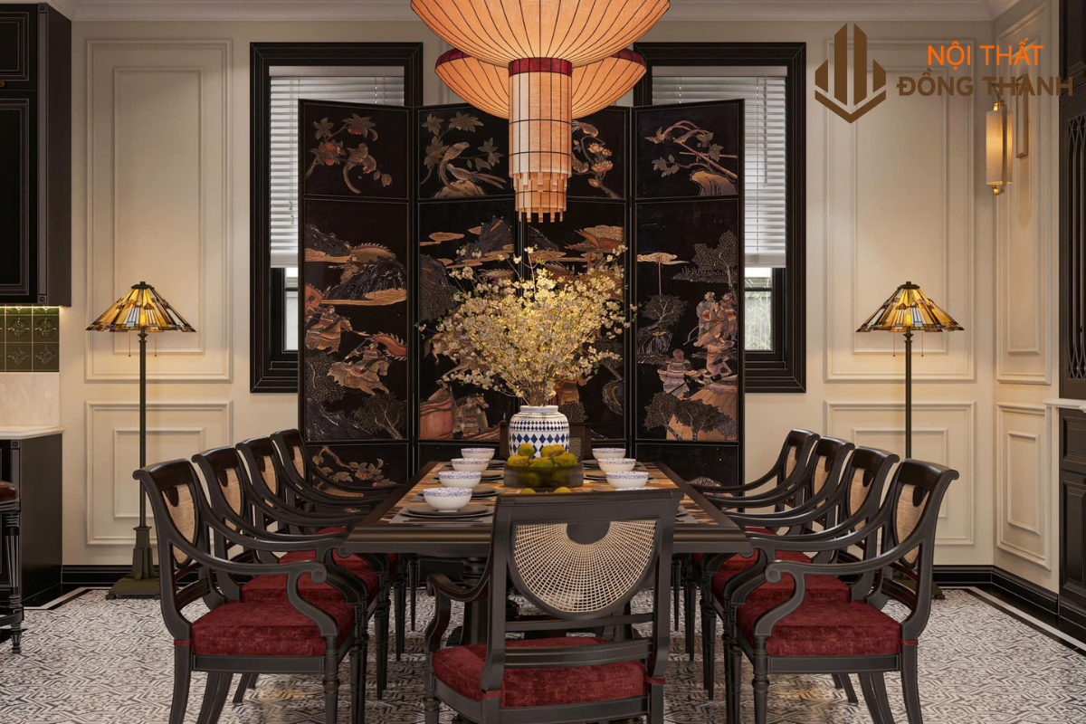 Đèn trần kết hợp bộ bàn ăn gỗ sang trọng