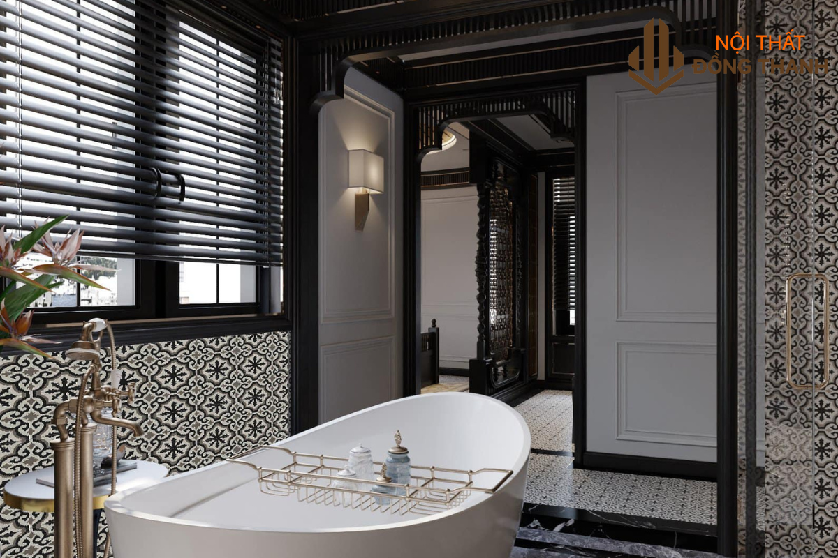 Gạch bông kết hợp cùng các thiết bị vệ sinh hiện đại