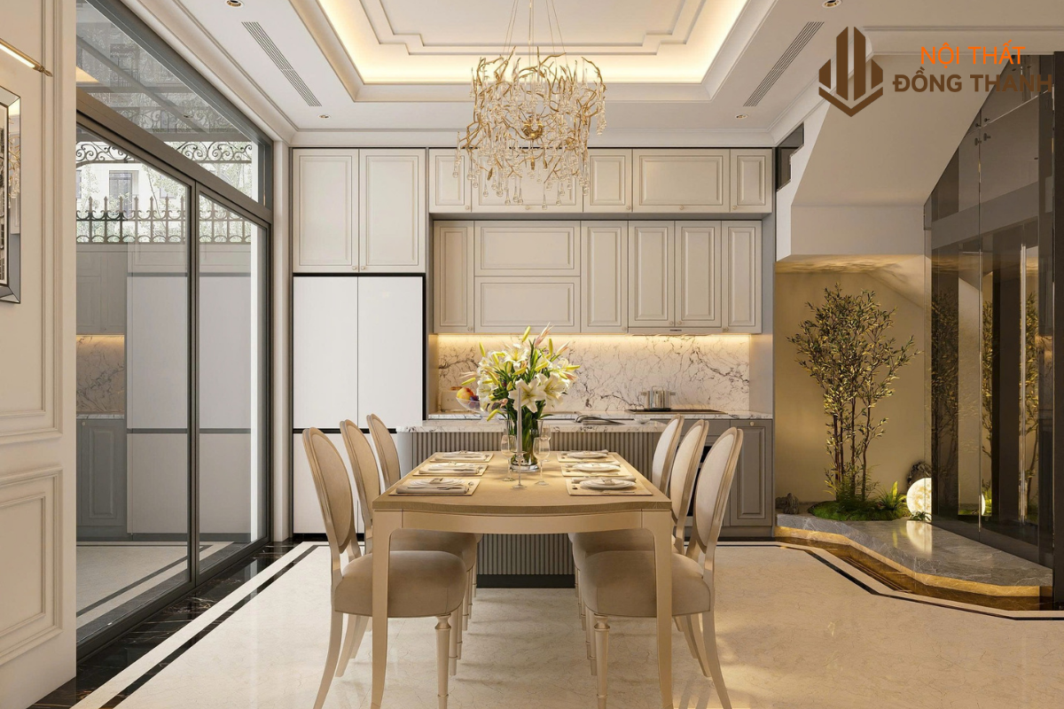 Bếp ăn thông phòng khách với thiết kế đồng bộ