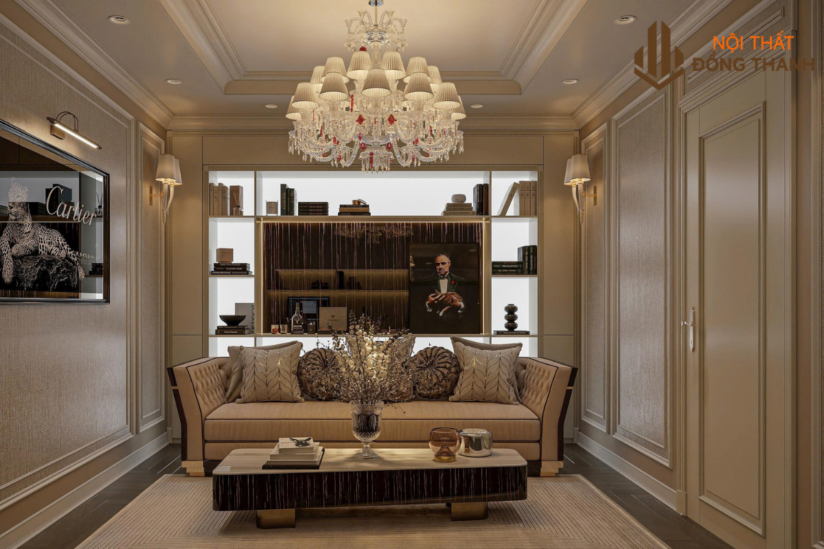 Khu vực bàn sofa kết hợp với đèn chùm pha lê