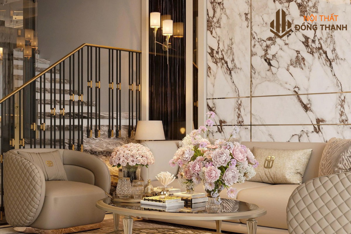 Sofa da màu be cao cấp cùng bàn trà