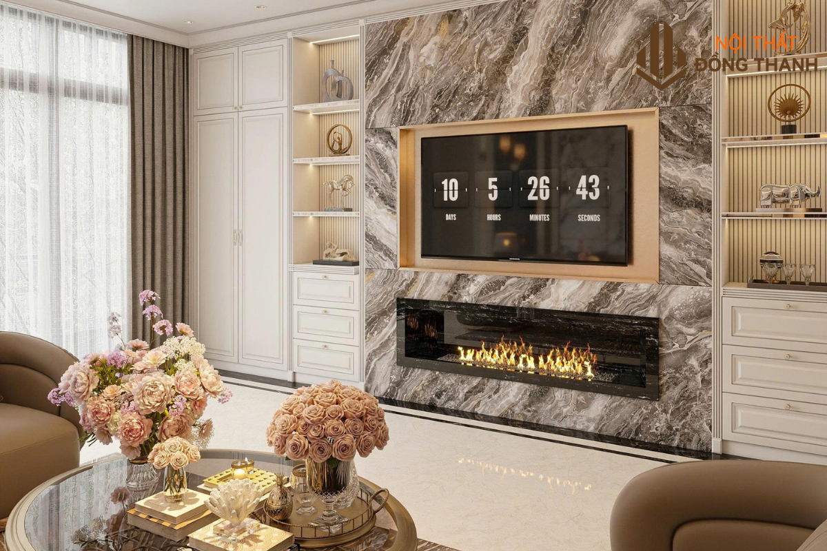 Vách ti vi ốp vân đá kết hơp tủ đồ trang trí với đèn led