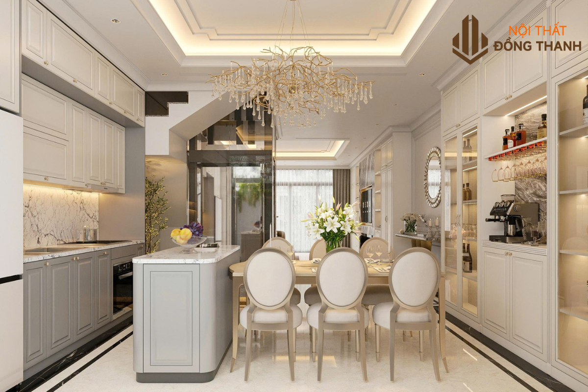 Bếp ăn thông phòng khách với thiết kế đồng bộ