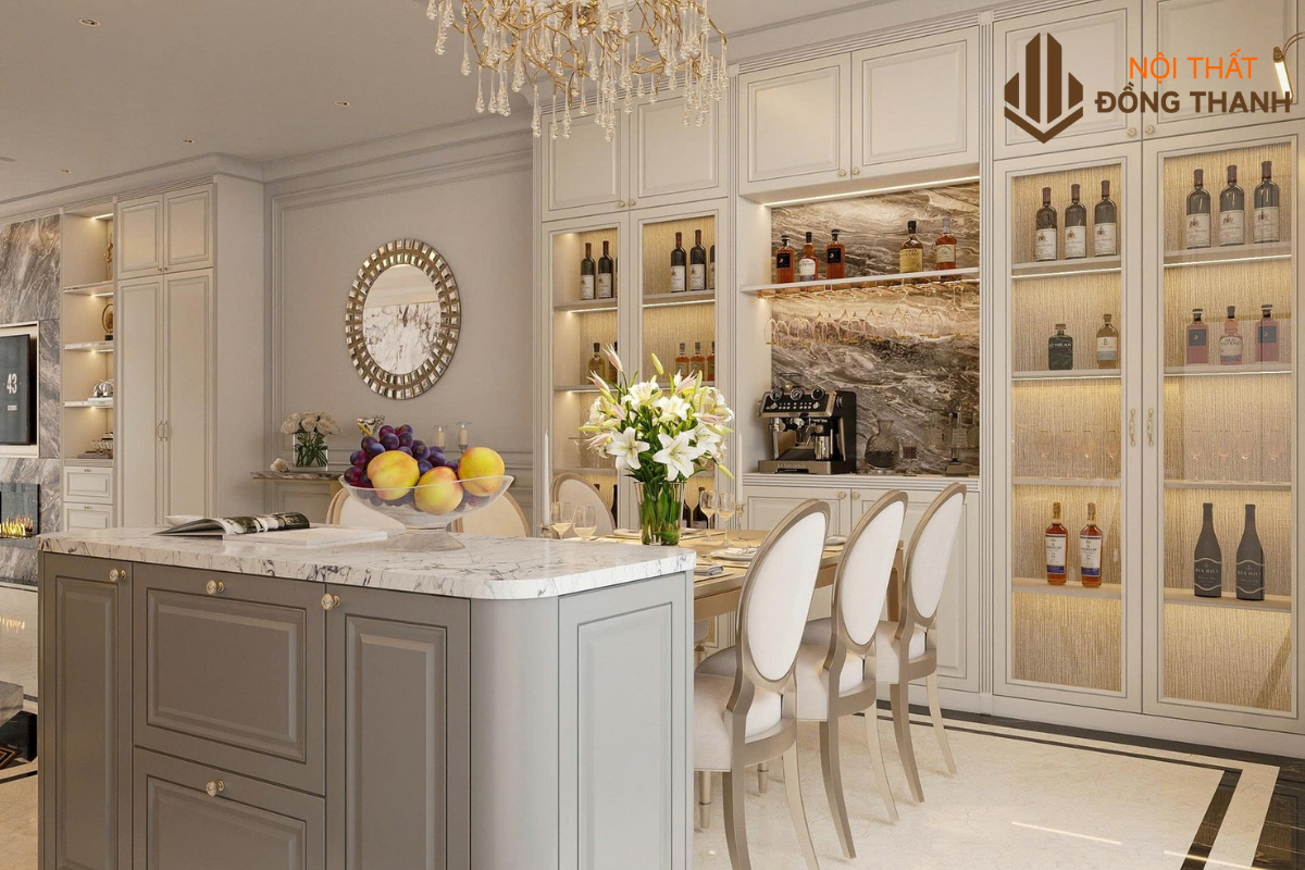 Tủ rượu kết hợp hệ thống đèn treo pha lê sang trọng