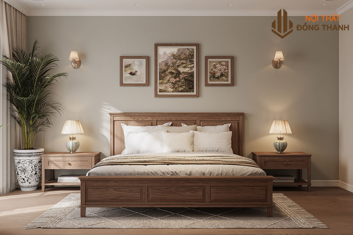 Phòng ngủ thiết kế với các gam màu trung tính, nhẹ nhàng