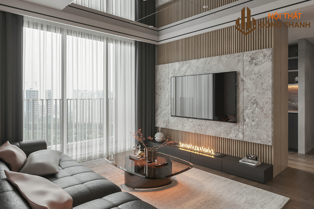 Sử dụng các chất liệu tự nhiên, cao cấp giúp không gian biệt thự nổi bật