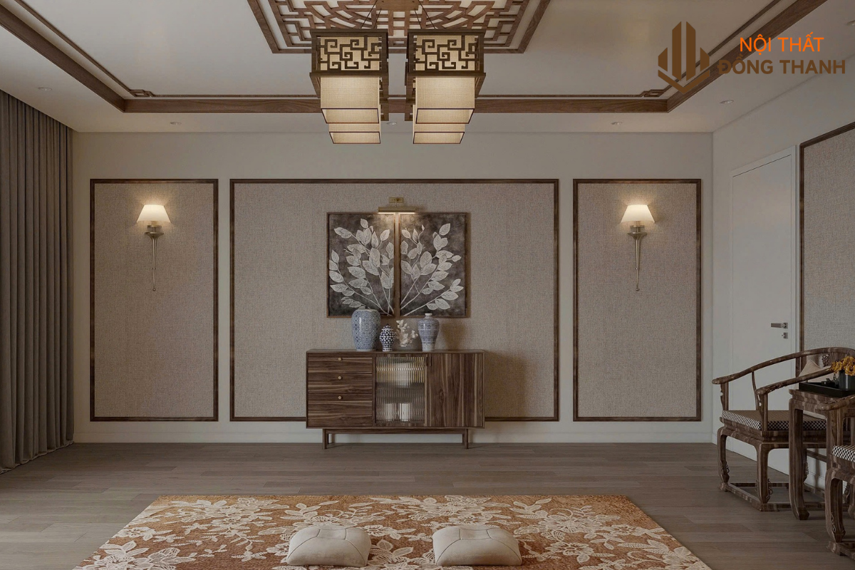 Phòng thờ trang nghiêm với hệ thống đèn thả