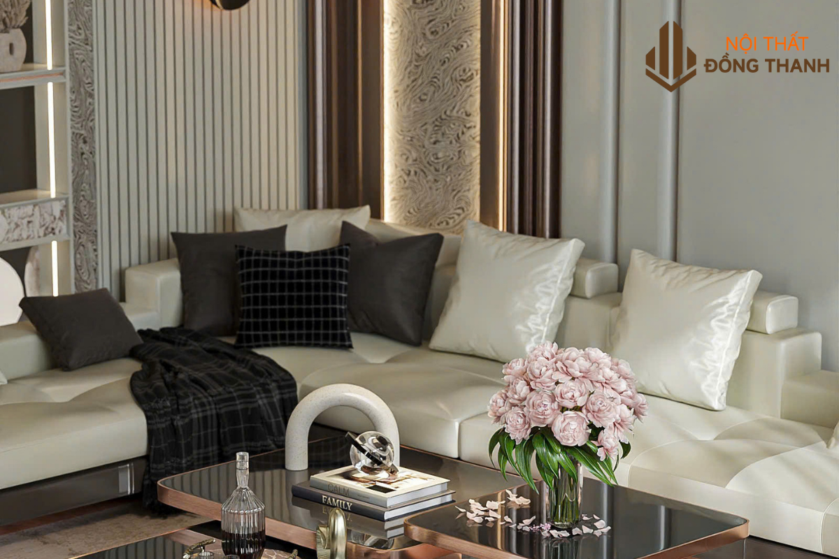 Sofa và bàn trà cao cấp màu trắng - đen