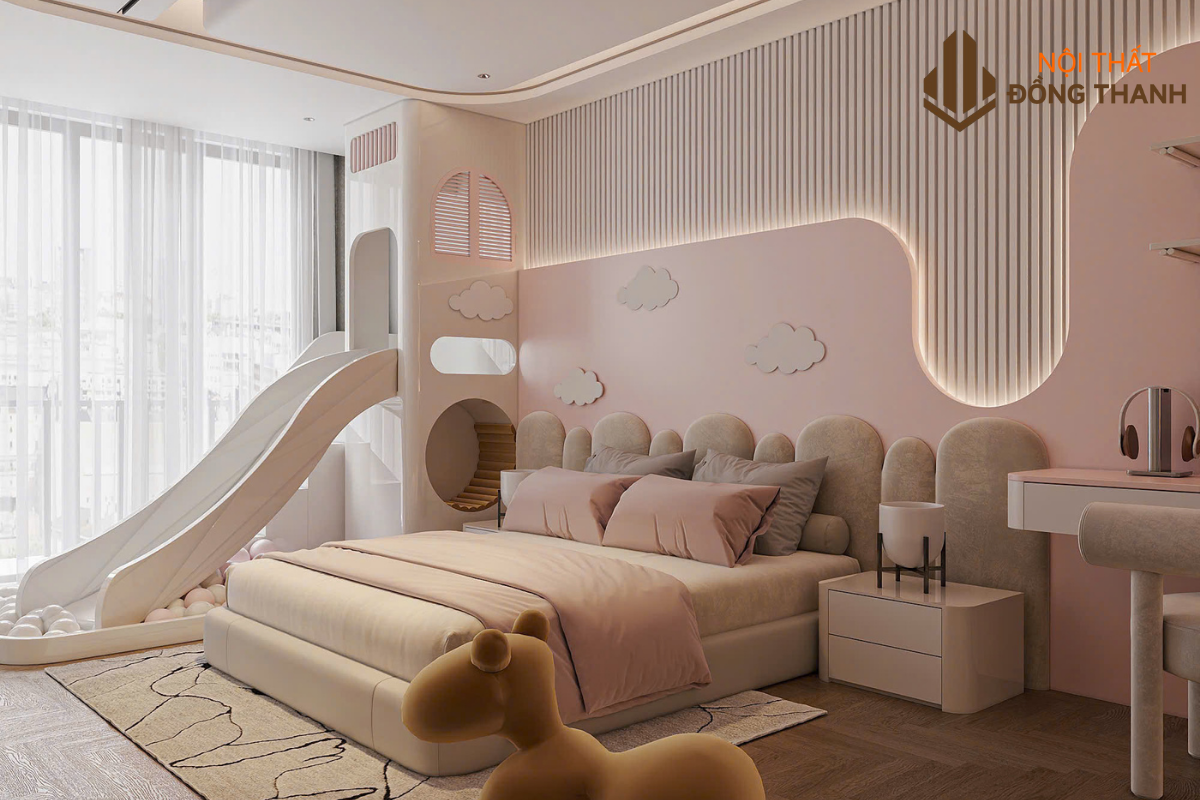 Phòng ngủ cho con với tone hồng pastel