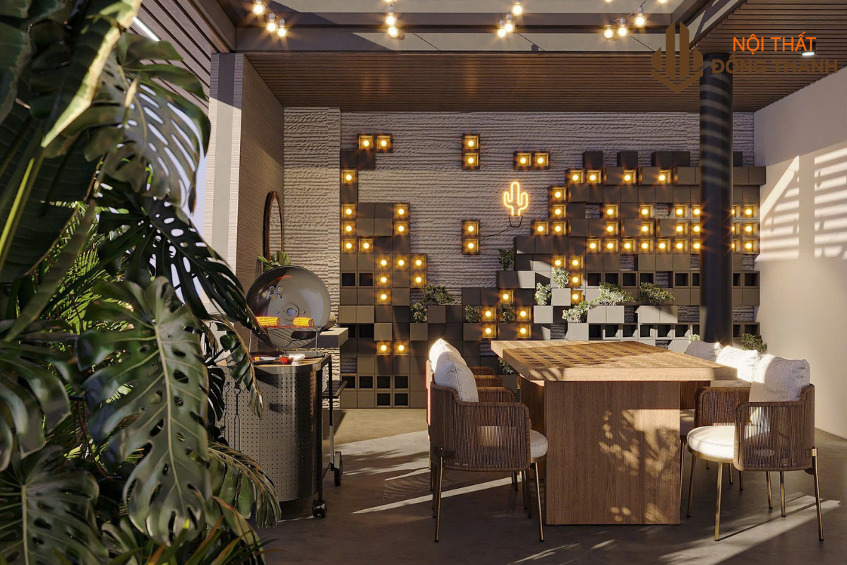 Không gian ban công rộng và thoáng, phù hợp với các buổi tiệc