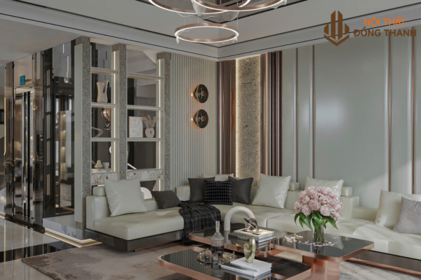 Phòng khách rộng cùng hệ thống đèn chùm